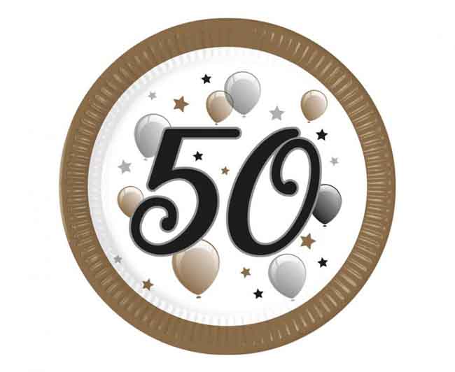 Piatti 50 Anni Compleanno Oro Nero Palloncini 8pz