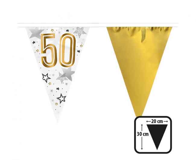 Festone Bandierine 50 Anni Compleanno Anniversario Bianco Oro 600cm